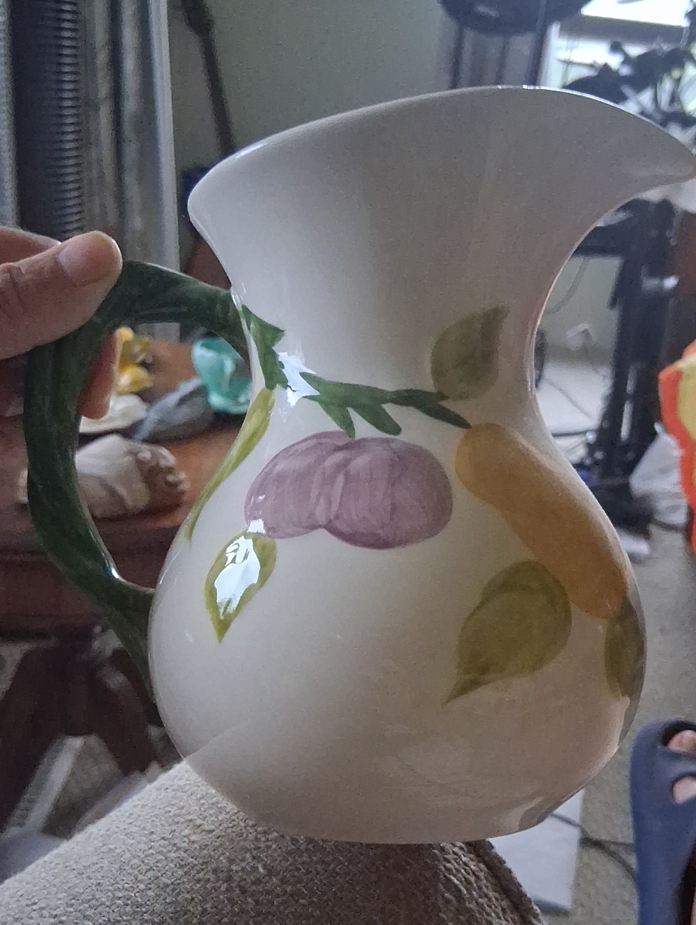 Hand-Painted Ceramic Fruit Pitcher with Green Handle